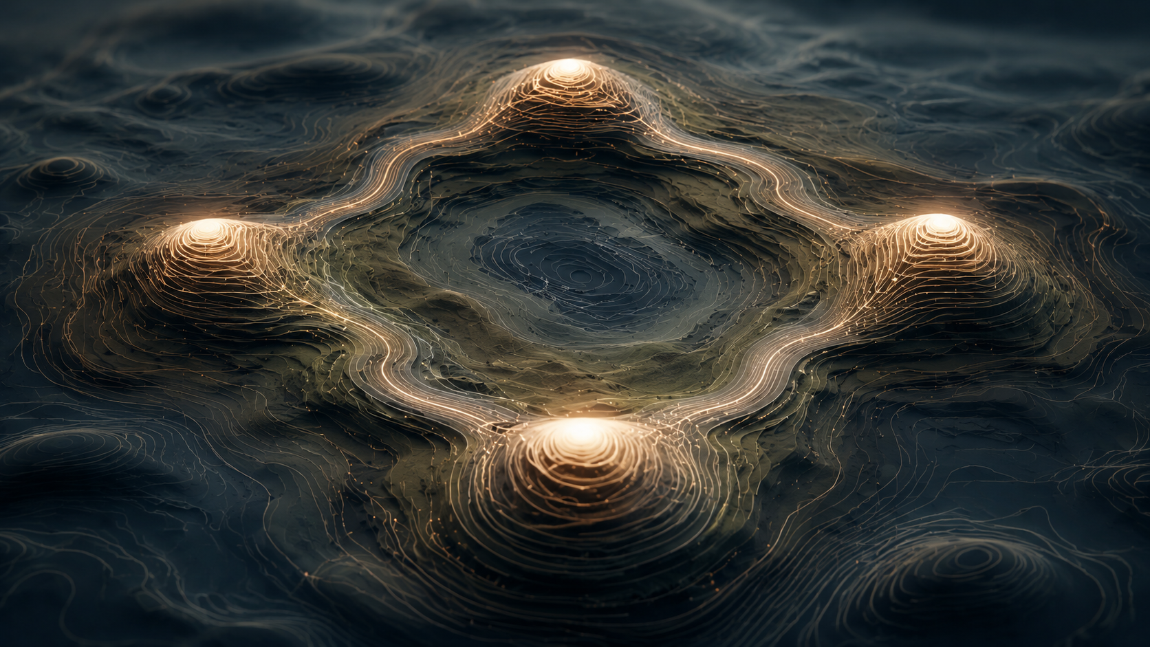 Four luminous nodes arranged in a continuous loop on a topographic dark map — the visual thesis: four AI writing tracks, one cube.