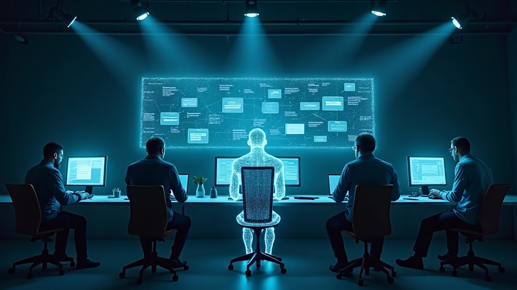 Three engineers at workstations, a fourth seat held by a translucent glowing wireframe figure, the AI teammate, working alongside them