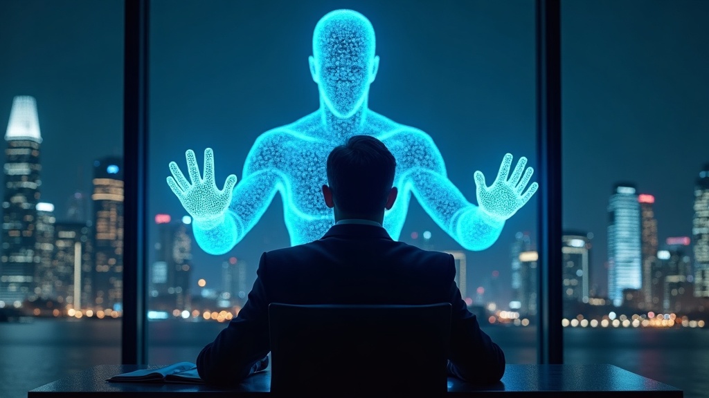 Businessman at desk with looming blue holographic AI figure reaching toward city skyline at night
