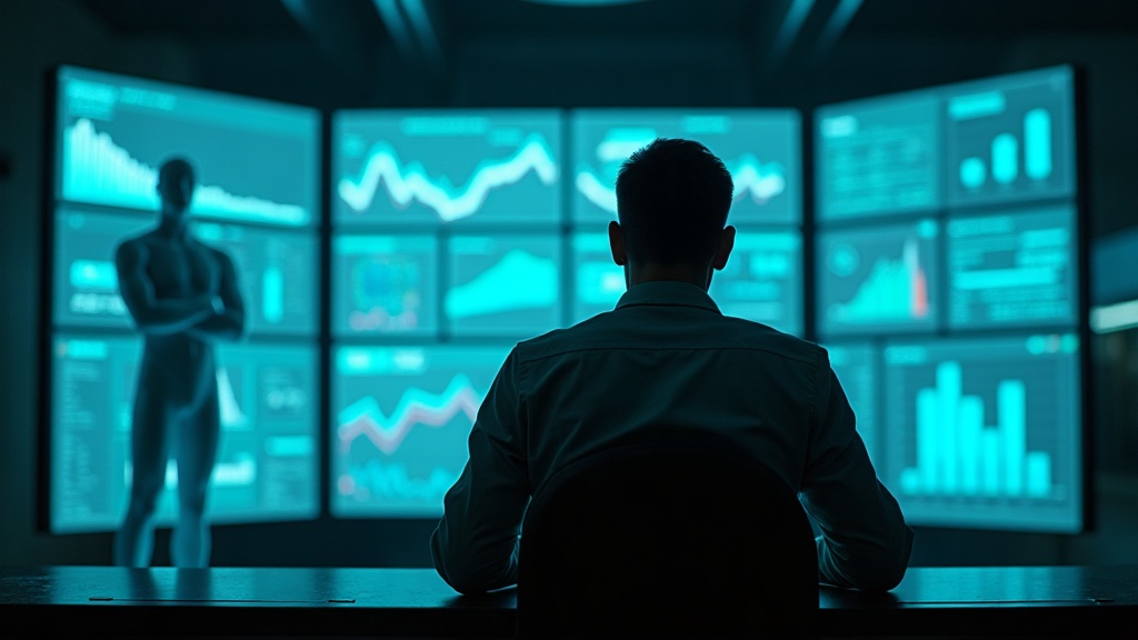 A person facing a translucent holographic figure across a control room, both surrounded by a wall of glowing cyan data screens