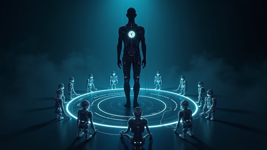 A human figure at center with a luminous control harness connecting to a ring of AI agents in the dark