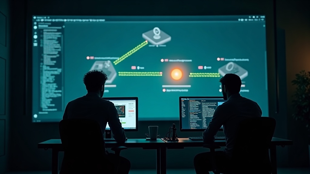 Two engineers before a glowing service topology wall, one node forking off and reconnecting into the network