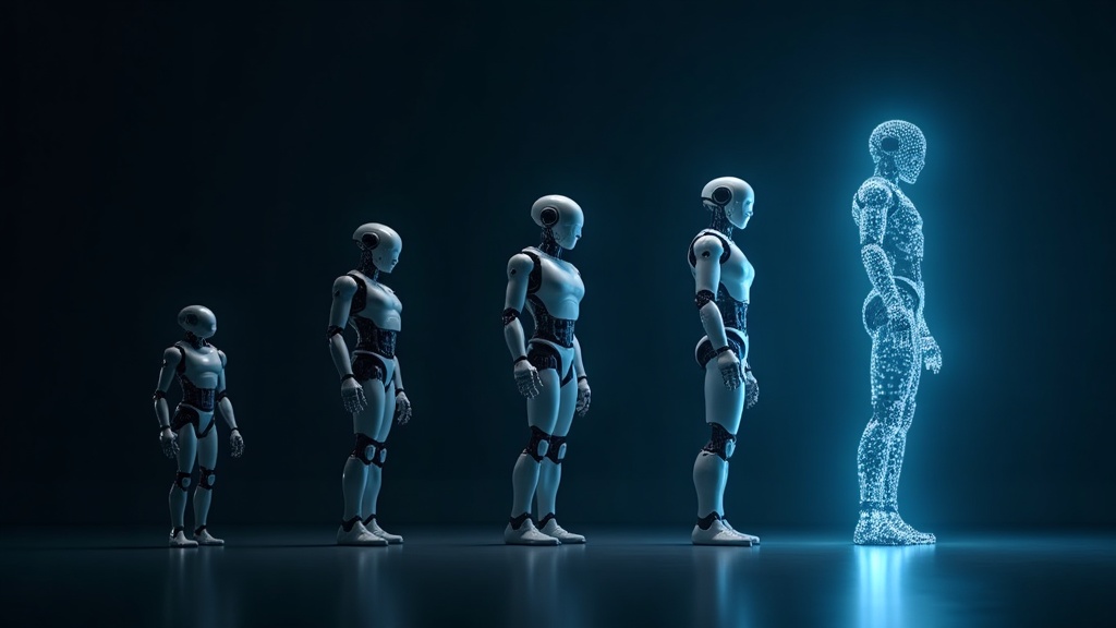 Five generations of AI robots, each more advanced than the last, evolving left to right against a dark background