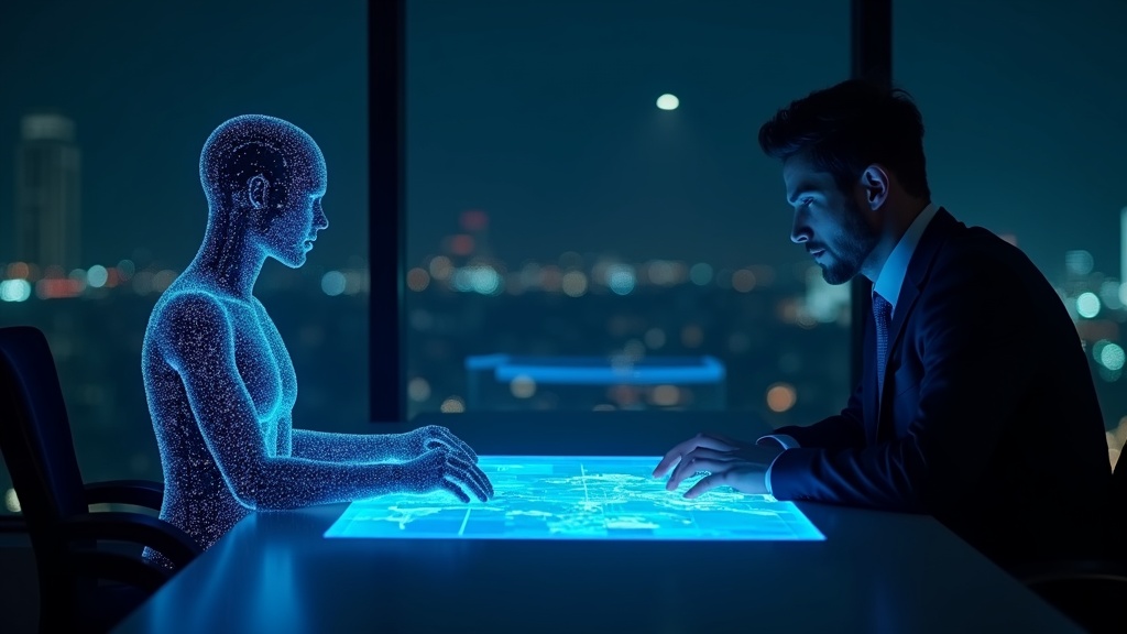 Man and glowing AI figure studying a holographic map together at night