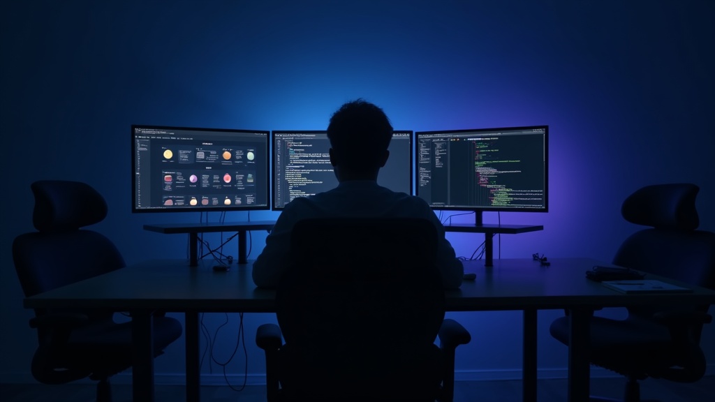 Product manager at desk with multiple monitors showing roadmap, code, and wireframes