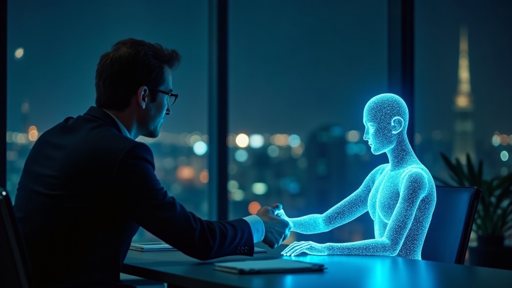 Businessman shaking hands with glowing AI holographic figure at office desk