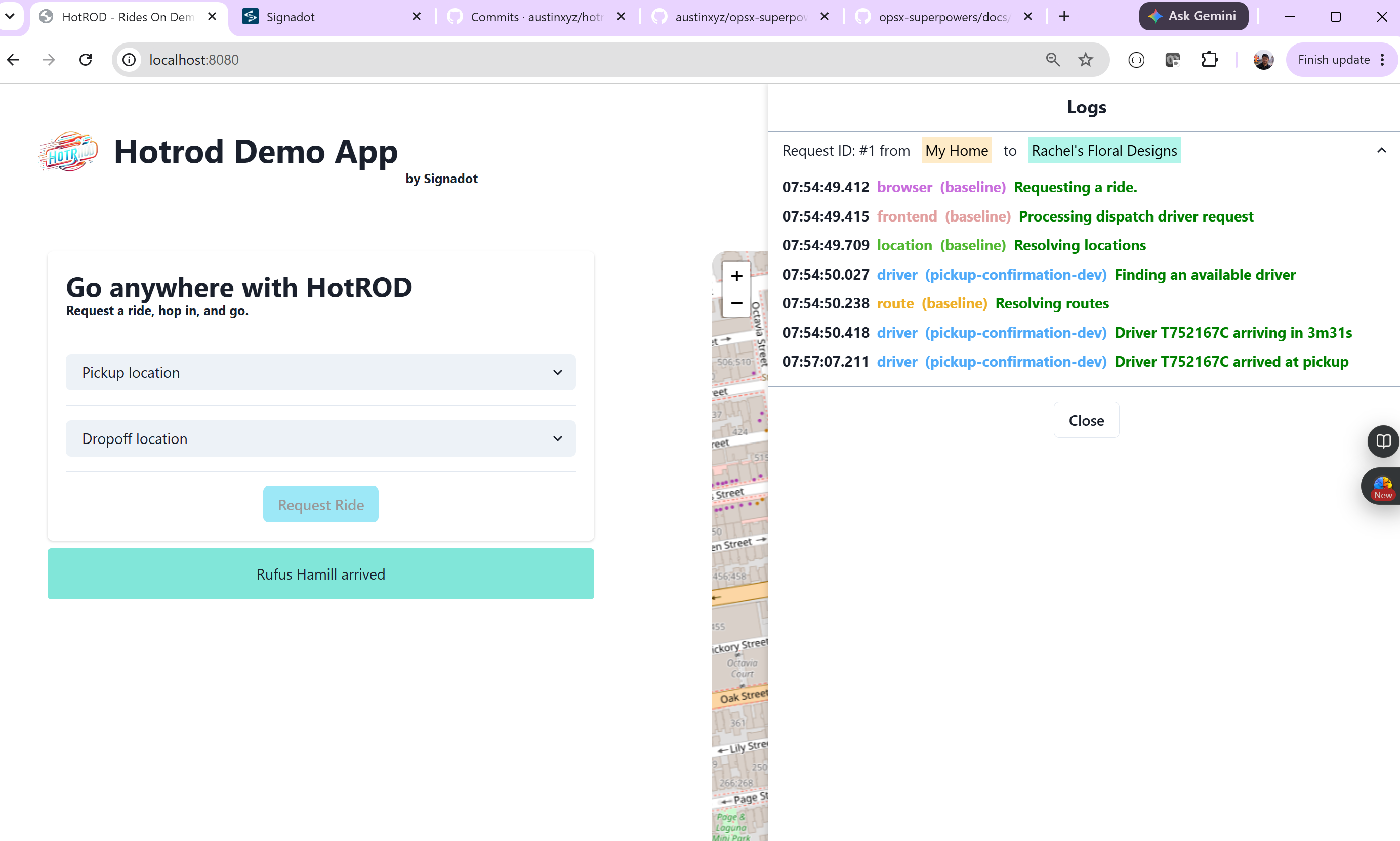 HotROD UI test: baseline services + forked driver in one request flow