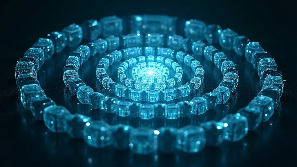 A recursive spiral of glowing crystalline structures, symbolizing an AI system building smaller copies of itself